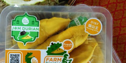 Musang King durian vacuum-sealed in packaging, ready for delivery.