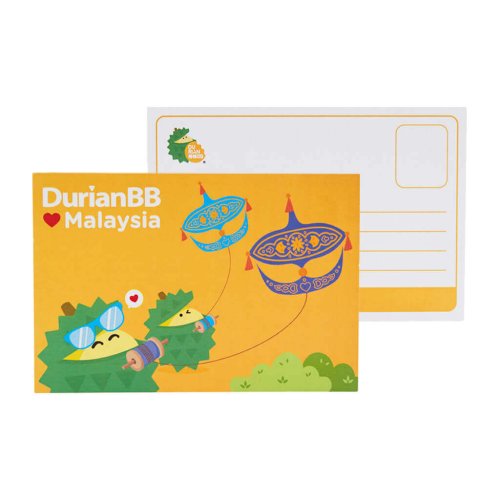 DurianBB Merchandise Malaysia Souvenir Postcard featuring Derek flying Malaysian Kite Wau Bulan